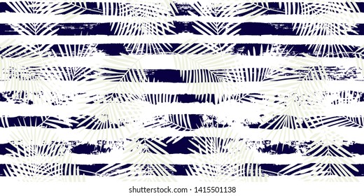 Tropical pattern, palm leaves seamless vector floral background. Exotic plant on stripes print illustration. Summer nature jungle print. Leaves of palm tree on paint lines. ink brush strokes