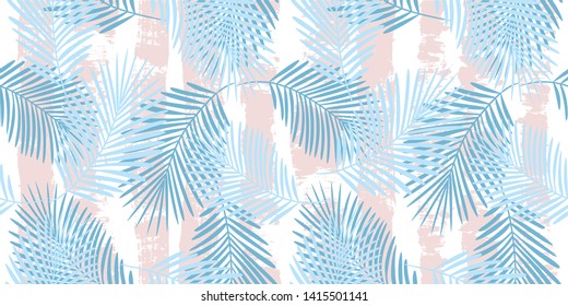 Tropical pattern, palm leaves seamless vector floral background. Exotic plant on stripes print illustration. Summer nature jungle print. Leaves of palm tree on paint lines. ink brush strokes