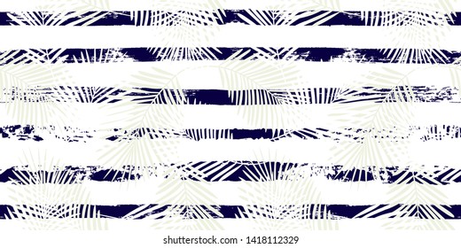 Tropical pattern, palm leaves seamless vector floral background. Exotic plant on stripes print illustration. Summer nature jungle print. Leaves of palm tree on paint lines. ink brush strokes