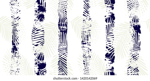 Tropical pattern, palm leaves seamless vector floral background. Exotic plant on stripes print illustration. Summer nature jungle print. Leaves of palm tree on paint lines. ink brush strokes