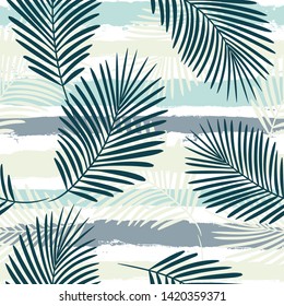 Tropical pattern, palm leaves seamless vector floral background. Exotic plant on stripes print illustration. Summer nature jungle print. Leaves of palm tree on paint lines. ink brush strokes
