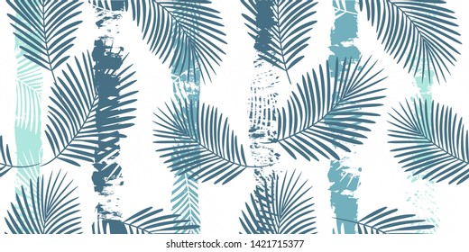 Tropical pattern, palm leaves seamless vector floral background. Exotic plant on stripes print illustration. Summer nature jungle print. Leaves of palm tree on paint lines. ink brush strokes