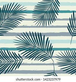 Tropical pattern, palm leaves seamless vector floral background. Exotic plant on stripes print illustration. Summer nature jungle print. Leaves of palm tree on paint lines. ink brush strokes