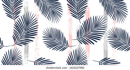 Tropical pattern, palm leaves seamless vector floral background. Exotic plant on stripes print illustration. Summer nature jungle print. Leaves of palm tree on paint lines. ink brush strokes