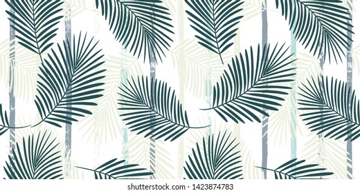 Tropical pattern, palm leaves seamless vector floral background. Exotic plant on stripes print illustration. Summer nature jungle print. Leaves of palm tree on paint lines. ink brush strokes