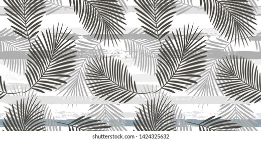 Tropical pattern, palm leaves seamless vector floral background. Exotic plant on stripes print illustration. Summer nature jungle print. Leaves of palm tree on paint lines. ink brush strokes