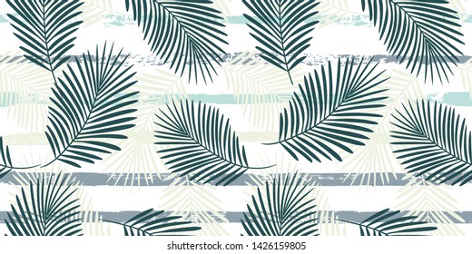 Tropical pattern, palm leaves seamless vector floral background. Exotic plant on stripes print illustration. Summer nature jungle print. Leaves of palm tree on paint lines. ink brush strokes