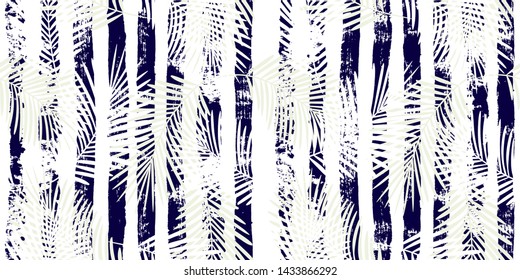 Tropical pattern, palm leaves seamless vector floral background. Exotic plant on stripes print illustration. Summer nature jungle print. Leaves of palm tree on paint lines. ink brush strokes