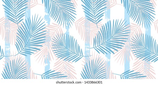 Tropical pattern, palm leaves seamless vector floral background. Exotic plant on stripes print illustration. Summer nature jungle print. Leaves of palm tree on paint lines. ink brush strokes