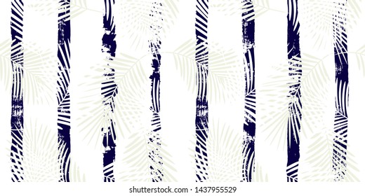 Tropical pattern, palm leaves seamless vector floral background. Exotic plant on stripes print illustration. Summer nature jungle print. Leaves of palm tree on paint lines. ink brush strokes