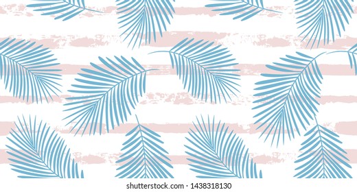 Tropical pattern, palm leaves seamless vector floral background. Exotic plant on stripes print illustration. Summer nature jungle print. Leaves of palm tree on paint lines. ink brush strokes