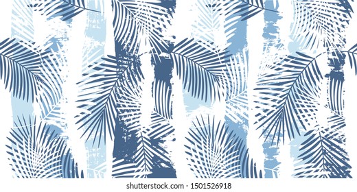 Tropical pattern, palm leaves seamless vector floral background. Exotic plant on sea stripes print illustration. Summer beach jungle print. Leaves of palm tree on paint lines. ink brush strokes