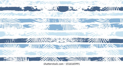 Tropical pattern, palm leaves seamless vector floral background. Exotic plant on sea stripes print illustration. Summer blue jungle print. Leaves of palm tree on paint lines.