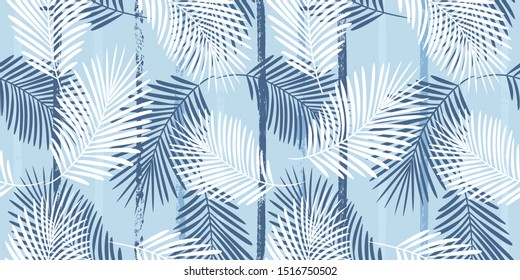 Tropical pattern, palm leaves seamless vector floral background. Exotic plant on sea stripes print illustration. Summer blue jungle print. Leaves of palm tree on paint lines.