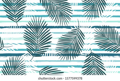 Tropical pattern, palm leaves seamless vector floral background. Exotic plant on sea stripes print illustration. Summer blue jungle print. Leaves of palm tree on paint lines.