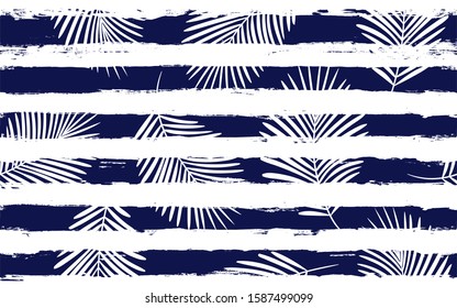 Tropical pattern, palm leaves seamless vector floral background. Exotic plant on stripes print illustration. Summer nature jungle print. Leaves of palm tree on paint lines. ink brush strokes