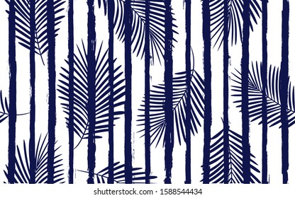 Tropical pattern, palm leaves seamless vector floral background. Exotic plant on stripes print illustration. Summer nature jungle print. Leaves of palm tree on paint lines. ink brush strokes
