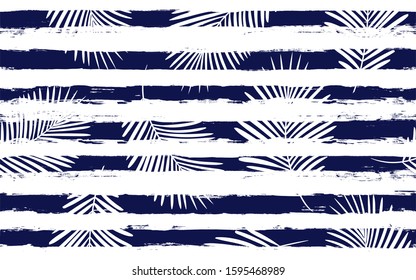 Tropical pattern, palm leaves seamless vector floral background. Exotic plant on stripes print illustration. Summer nature jungle print. Leaves of palm tree on paint lines. ink brush strokes