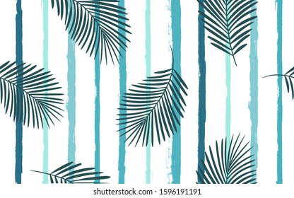 Tropical pattern, palm leaves seamless vector floral background. Exotic plant on sea stripes print illustration. Summer blue jungle print. Leaves of palm tree on paint lines.