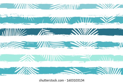 Tropical pattern, palm leaves seamless vector floral background. Exotic plant on sea stripes print illustration. Summer blue jungle print. Leaves of palm tree on paint lines.