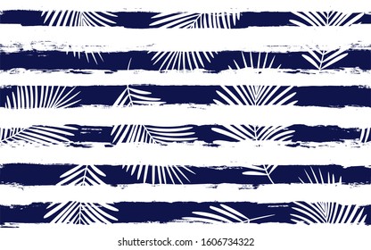 Tropical pattern, palm leaves seamless vector floral background. Exotic plant on stripes print illustration. Summer nature jungle print. Leaves of palm tree on paint lines. ink brush strokes