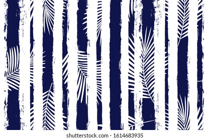 Tropical pattern, palm leaves seamless vector floral background. Exotic plant on stripes print illustration. Summer nature jungle print. Leaves of palm tree on paint lines. ink brush strokes