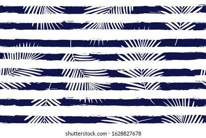 Tropical pattern, palm leaves seamless vector floral background. Exotic plant on stripes print illustration. Summer nature jungle print. Leaves of palm tree on paint lines. ink brush strokes