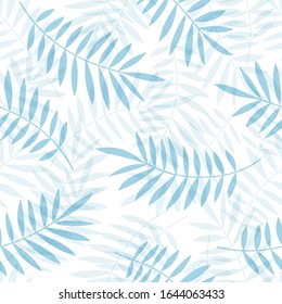 Patrón tropical, hojas de palma sin fisuras vectorial de fondo floral. Ilustración de impresión de plantas exóticas. Huella veraniega azul selva. Hojas de pintura de palmera.