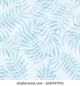 Patrón tropical, hojas de palma sin fisuras vectorial de fondo floral. Ilustración de impresión de plantas exóticas. Huella veraniega azul selva. Hojas de pintura de palmera.