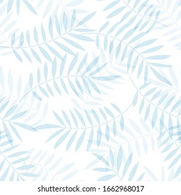 Tropical pattern, palm leaves seamless vector floral background. Exotic plant print illustration. Summer light blue jungle print. Leaves of palm tree paint.