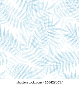 Tropical pattern, palm leaves seamless vector floral background. Exotic plant print illustration. Summer light blue jungle print. Leaves of palm tree paint.