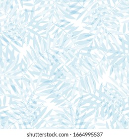 Tropical pattern, palm leaves seamless vector floral background. Exotic plant print illustration. Summer light blue jungle print. Leaves of palm tree paint.