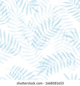 Tropical pattern, palm leaves seamless vector floral background. Exotic plant print illustration. Summer light blue jungle print. Leaves of palm tree paint.