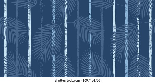 Tropical pattern, palm leaves seamless vector floral background. Exotic plant on blue stripes print illustration. Summer nature jungle print. Leaves of palm tree on paint lines. ink brush strokes