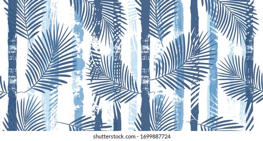 Tropical pattern, palm leaves seamless vector floral background. Exotic plant on blue stripes print illustration. Summer nature jungle print. Leaves of palm tree on paint lines. ink brush strokes