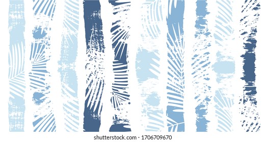 Tropical pattern, palm leaves seamless vector floral background. Exotic plant on blue stripes print illustration. Summer nature jungle print. Leaves of palm tree on paint lines. ink brush strokes