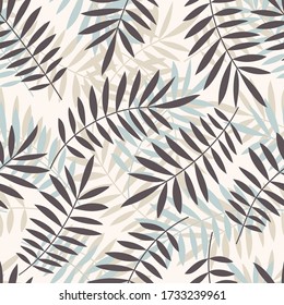 Tropical pattern, palm leaves seamless vector floral background. Exotic plant leaf print illustration. Summer blue jungle print. Leaves of palm tree on paint lines.