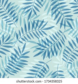 Tropisches Muster, Palmblätter nahtlos Vektor Blumenhintergrund. Exotische Pflanzenblattbilder. Sommerblauer Dschungeldruck. Blätter von Palmen auf Farblinien.