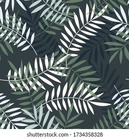 Tropical pattern, palm leaves seamless vector floral background. Exotic plant leaf print illustration. Summer blue jungle print. Leaves of palm tree on paint lines.