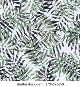 Tropical pattern, palm leaves seamless vector floral background. Exotic plant leaf print illustration. Summer blue jungle print. Leaves of palm tree on paint lines.