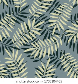 Tropical pattern, palm leaves seamless vector floral background. Exotic plant leaf print illustration. Summer blue jungle print. Leaves of palm tree on paint lines.