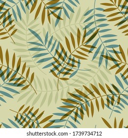 Patrón tropical, hojas de palma sin costura vectorial de fondo floral. Ilustración de la hoja de planta exótica. Impresión veraniega de la jungla azul. Hojas de palmera en líneas de pintura.
