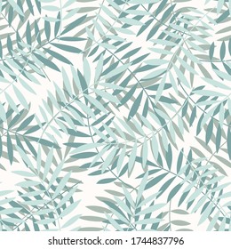 Tropical pattern, palm leaves seamless vector floral background. Exotic plant leaf print illustration. Summer blue jungle print. Leaves of palm tree on paint lines.