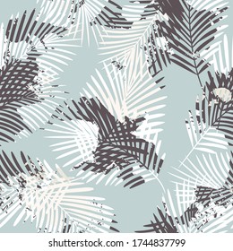 Tropical pattern, palm leaves seamless vector floral background. Exotic plant on stripes. spring nature jungle print. Leaves of palm tree on paint lines. ink brush strokes.