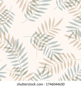 Tropical pattern, palm leaves seamless vector floral background. Exotic plant leaf print illustration. Summer blue jungle print. Leaves of palm tree on paint lines.