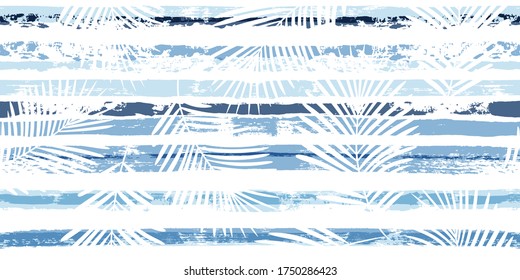 Tropical pattern, palm leaves seamless vector floral background. Exotic plant on blue stripes print illustration. Summer nature jungle print. Leaves of palm tree on paint lines. ink brush strokes