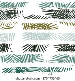 Patrón tropical, hojas de palma sin costura vectorial de fondo floral. Planta exótica en rayas. huella de la jungla natural de primavera. Hojas de palmera en líneas de pintura. trazos de pincel de tinta.