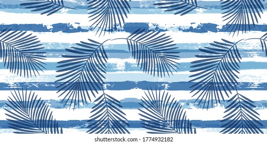 Tropical pattern, palm leaves seamless vector floral background. Exotic plant on blue stripes print illustration. Summer nature jungle print. Leaves of palm tree on paint lines. ink brush strokes
