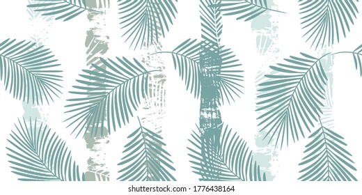 Tropical pattern, palm leaves seamless vector floral background. Exotic plant on stripes. spring nature jungle print. Leaves of palm tree on paint lines. ink brush strokes.