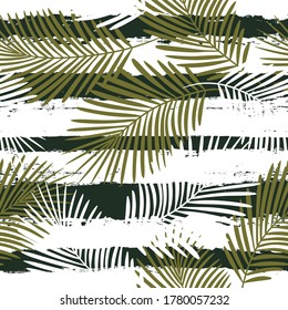 Tropical pattern, palm leaves seamless vector floral background. Exotic plant on stripes. spring nature jungle print. Leaves of palm tree on paint lines. ink brush strokes.